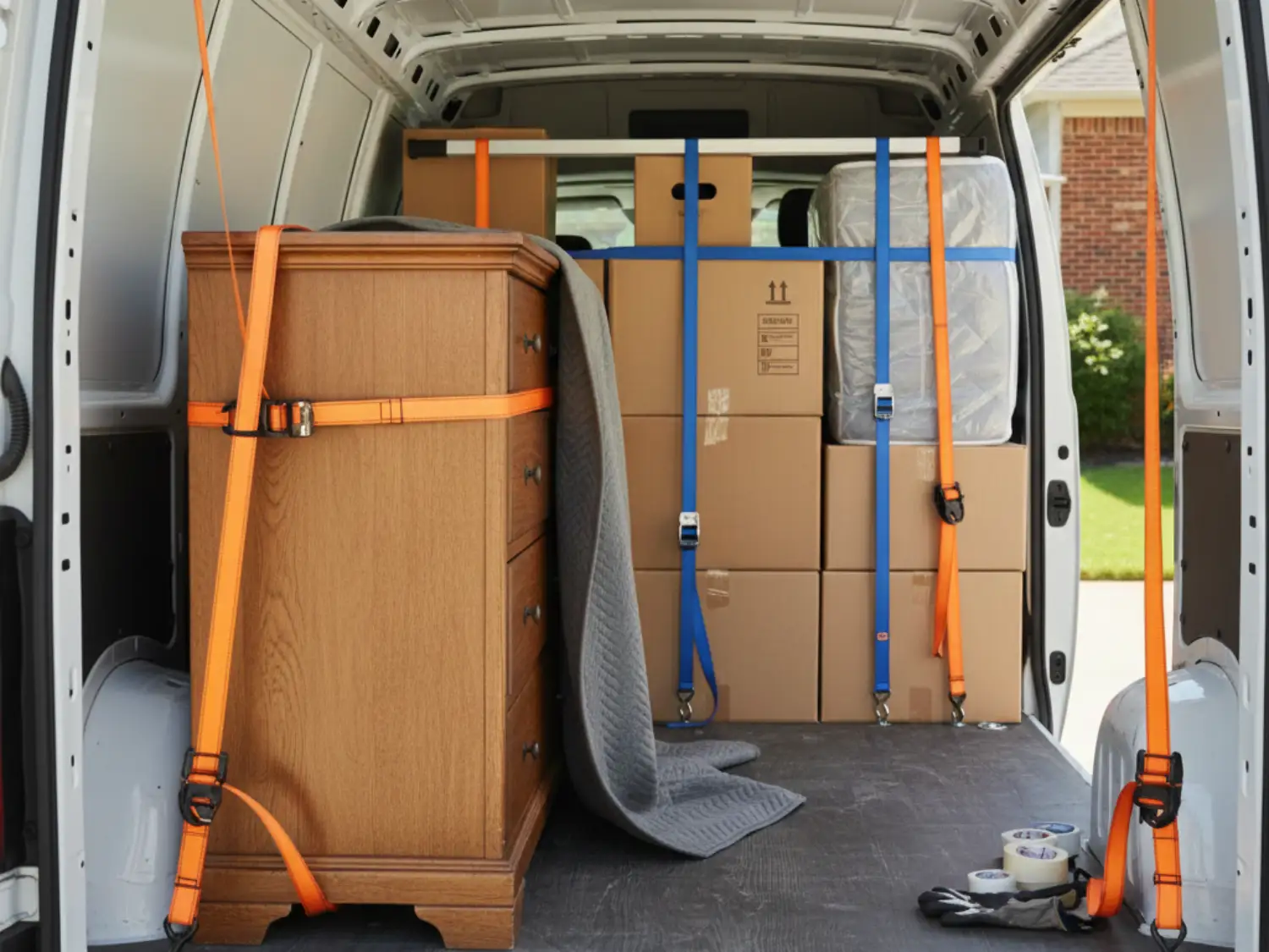 Blick in den Laderaum eines Umzugswagens: Eine Holzkommode und Stapel von Umzugskartons sind vorbildlich mit professionellen orangen und blauen Zurrgurten sowie Decken gegen Verrutschen gesichert