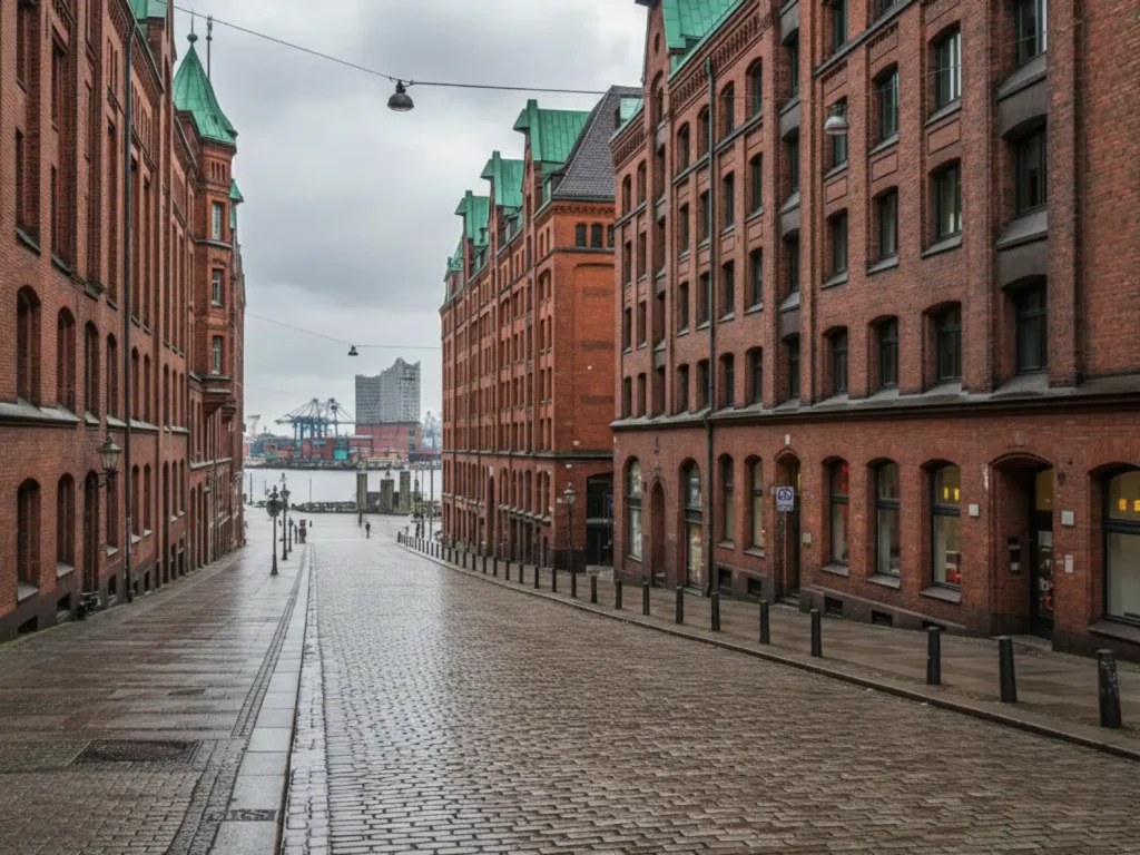 Eine nasse Kopfsteinpflasterstraße zwischen den Backsteingebäuden der Hamburger Speicherstadt.