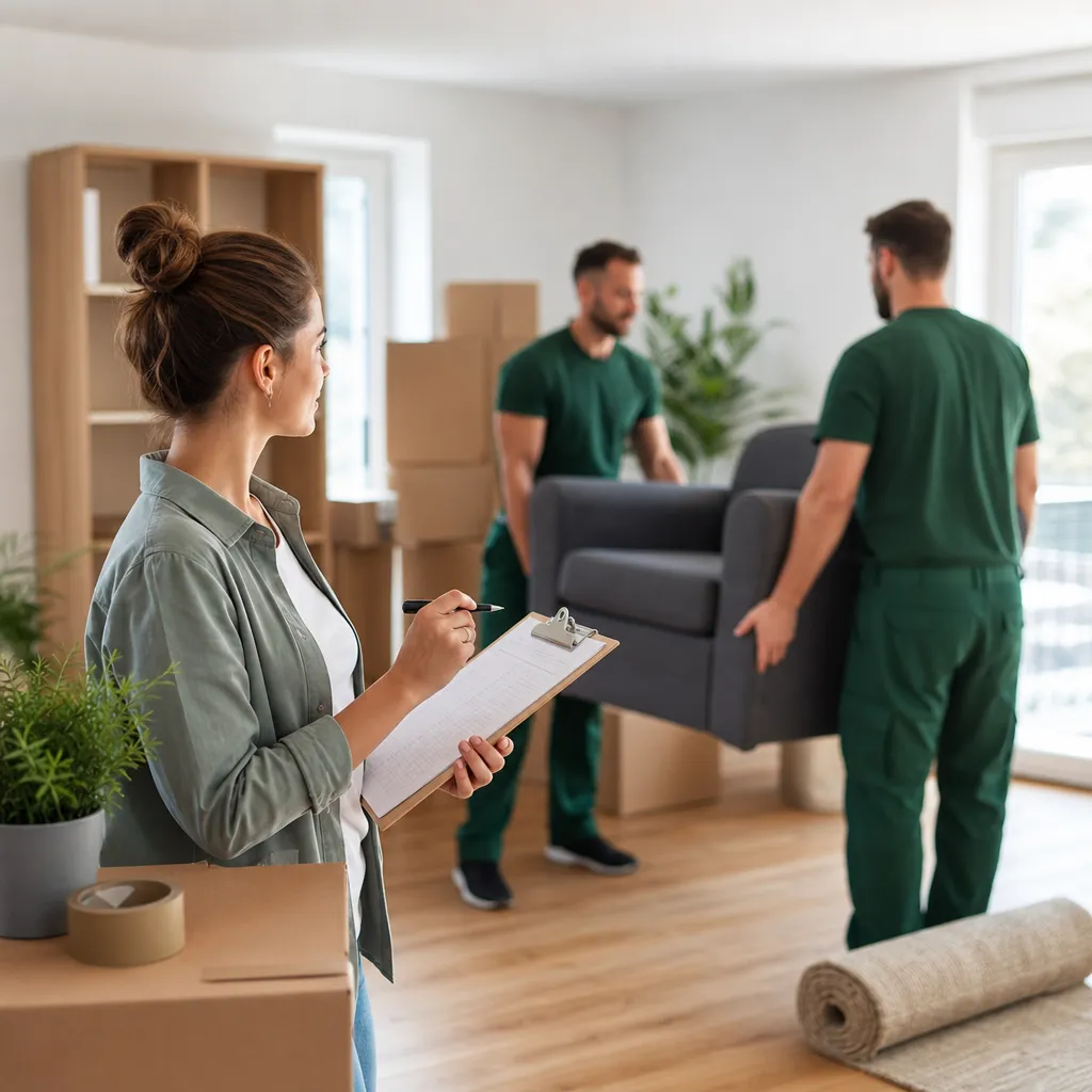 Angestellte beim Umzug mit gepackten Kartons in heller Wohnung, im Gespräch mit Umzugshelfern in dunkelgrüner Uniform