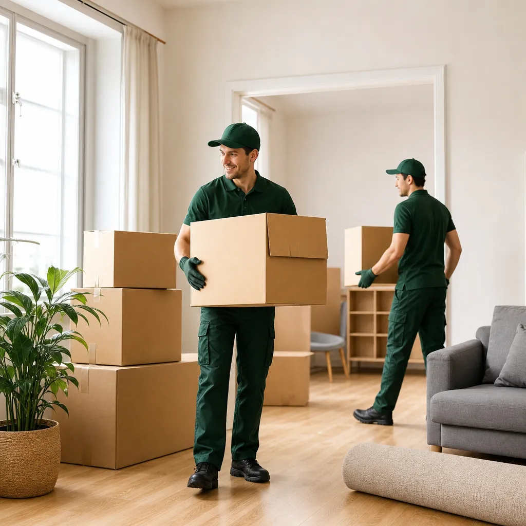 Angestellte packt Umzugskartons in heller Wohnung und prüft Unterlagen am Laptop für Sonderurlaub beim Umzug