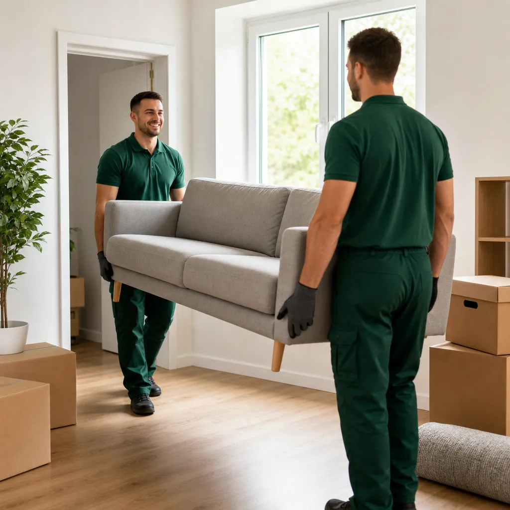Angestellte packt Umzugskartons in heller Wohnung, daneben Laptop und Unterlagen für den Urlaubsantrag
