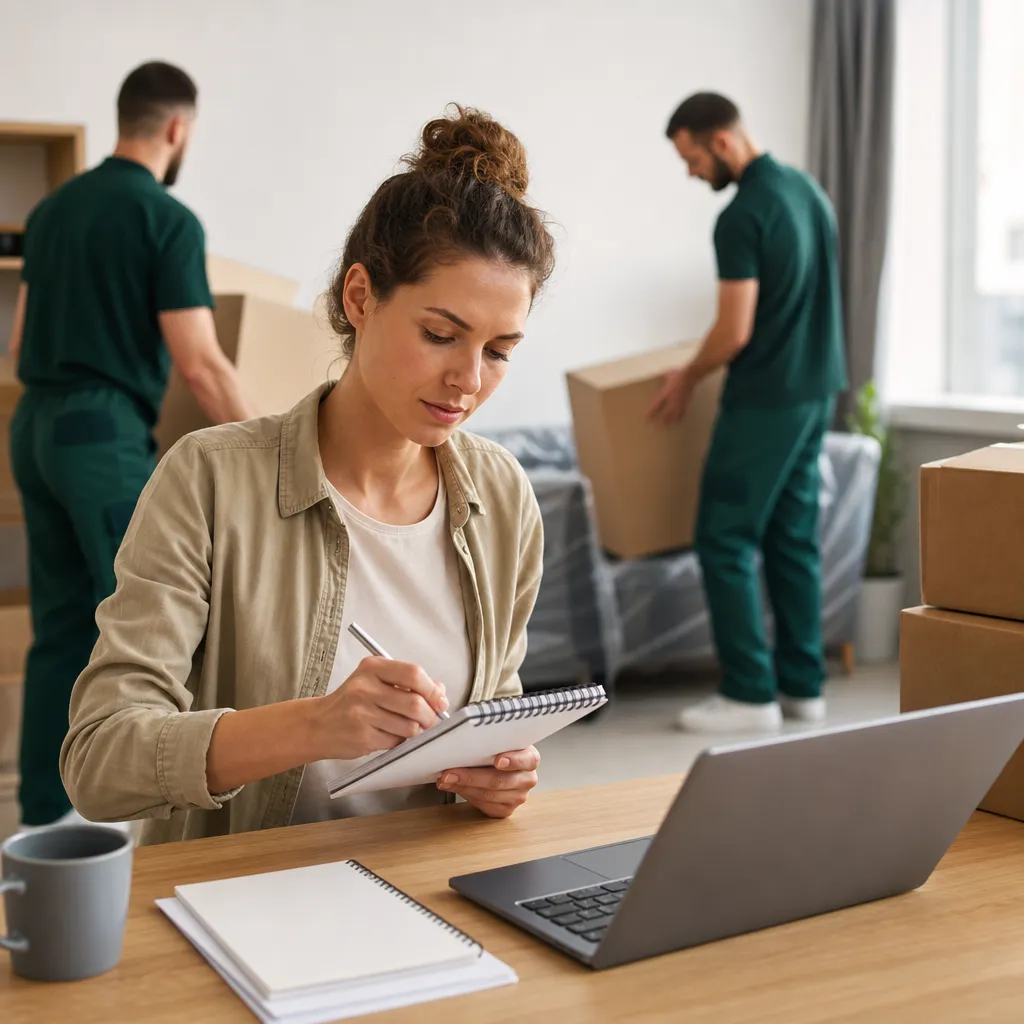 Angestellte packt Umzugskartons in heller Wohnung und spricht mit Arbeitgeber am Laptop über Freistellung
